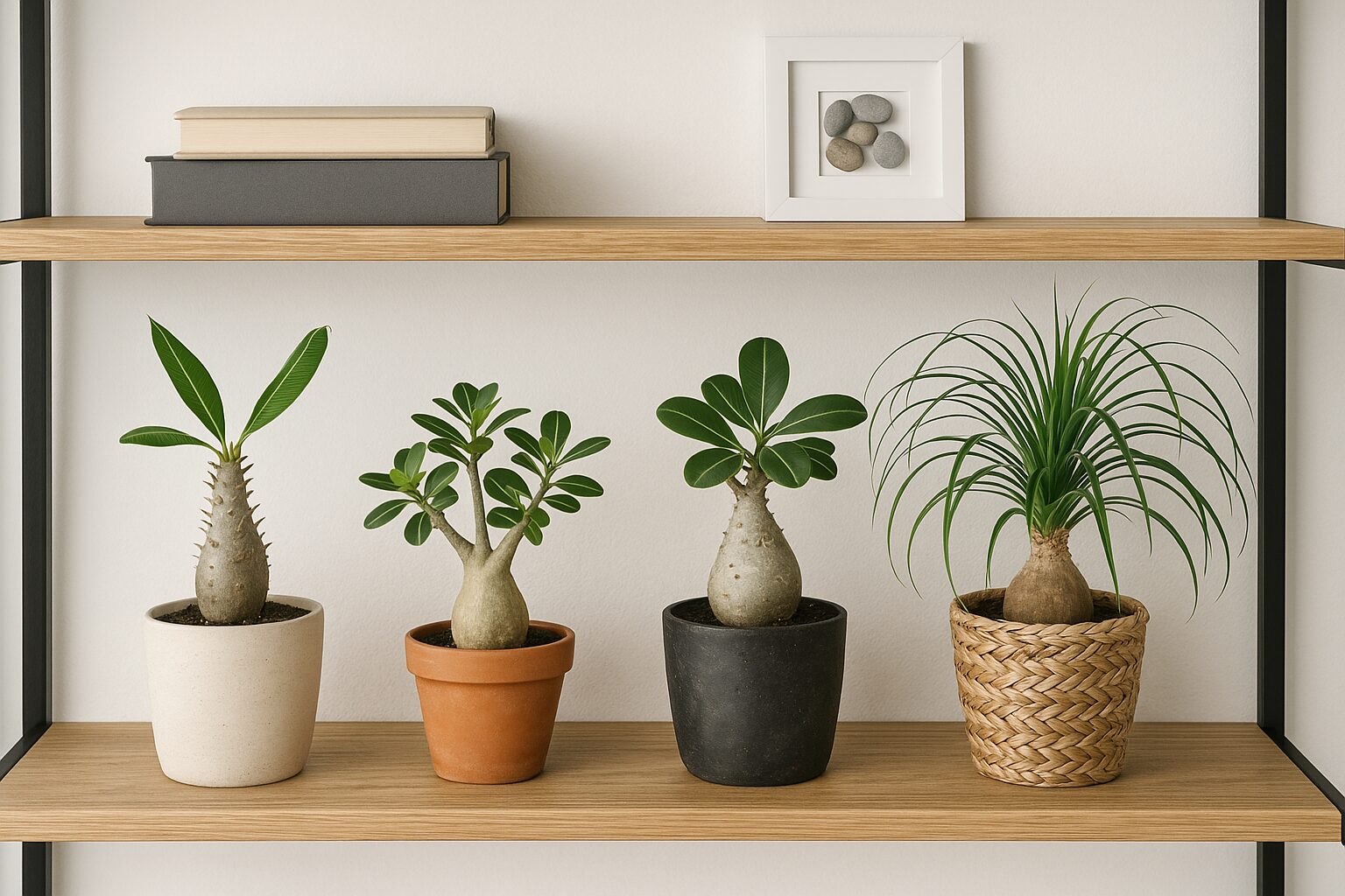 棚に飾られた塊根植物と小物の組み合わせ例