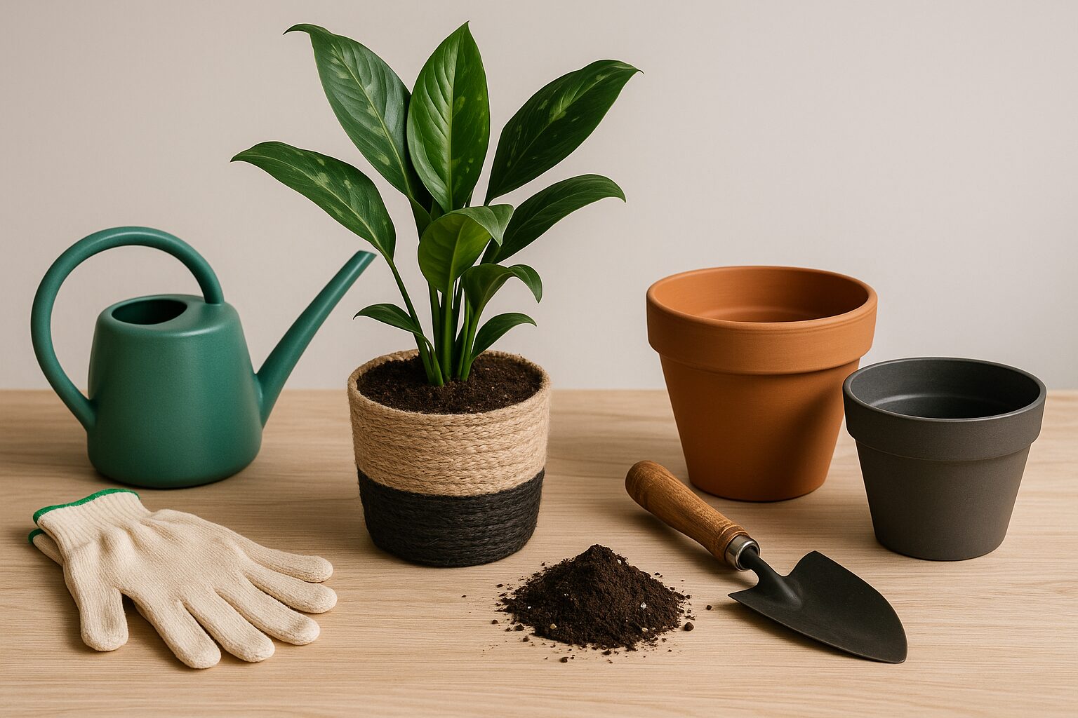 植え替えに必要な道具一式(鉢、土、スコップ、手袋、ジョウロ)