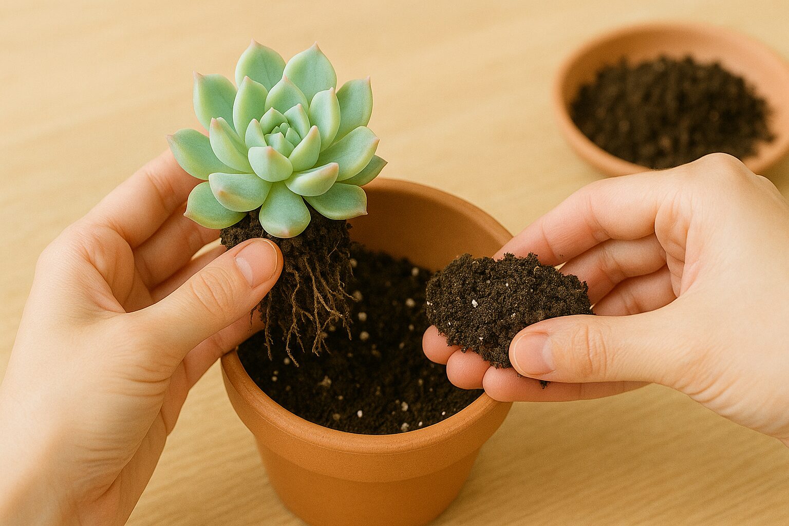 新しい鉢に植え付ける様子