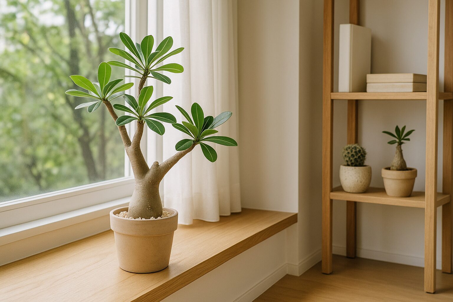 窓際に置かれた塊根植物の例(レースカーテン越し)