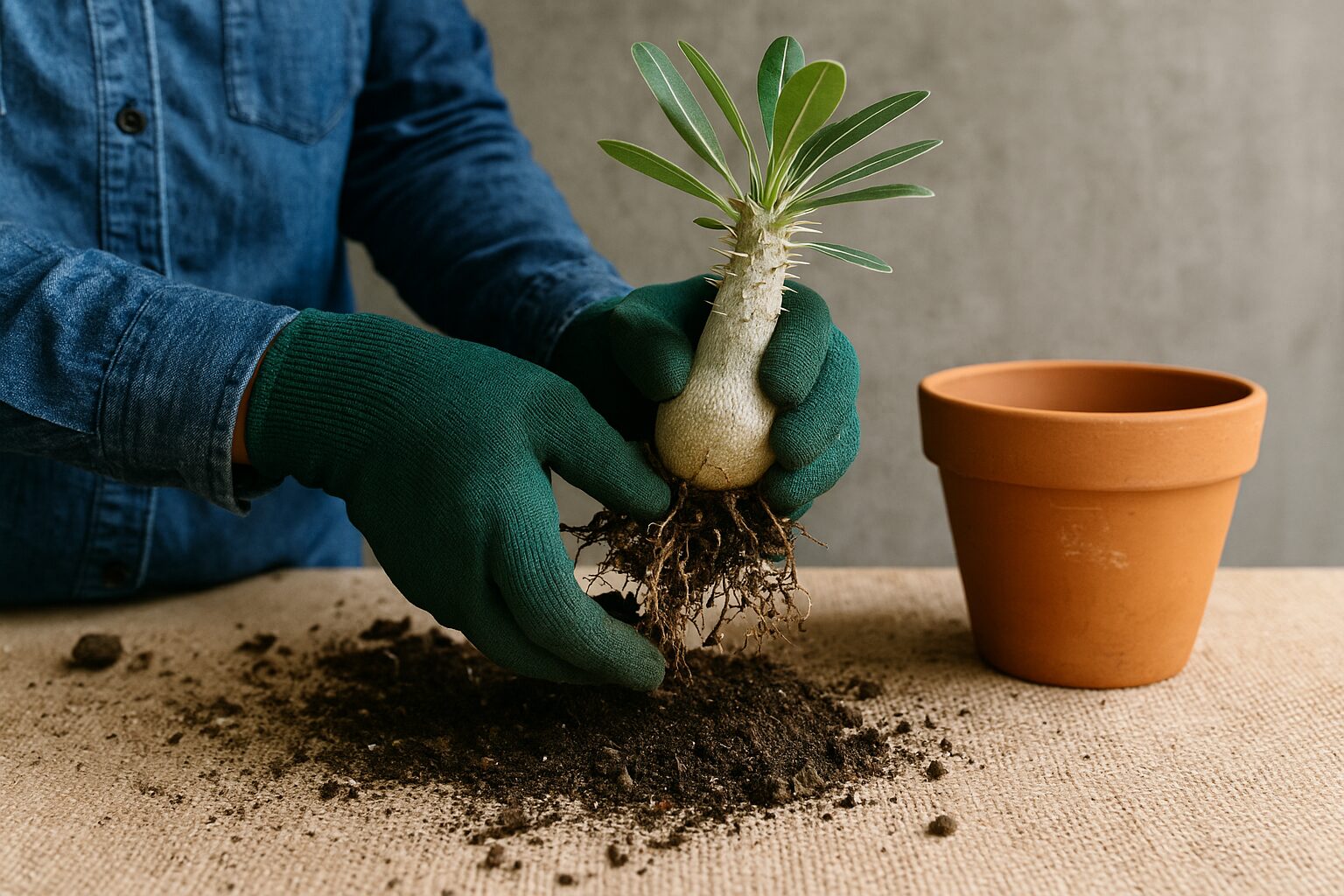新しい鉢に植え込む様子