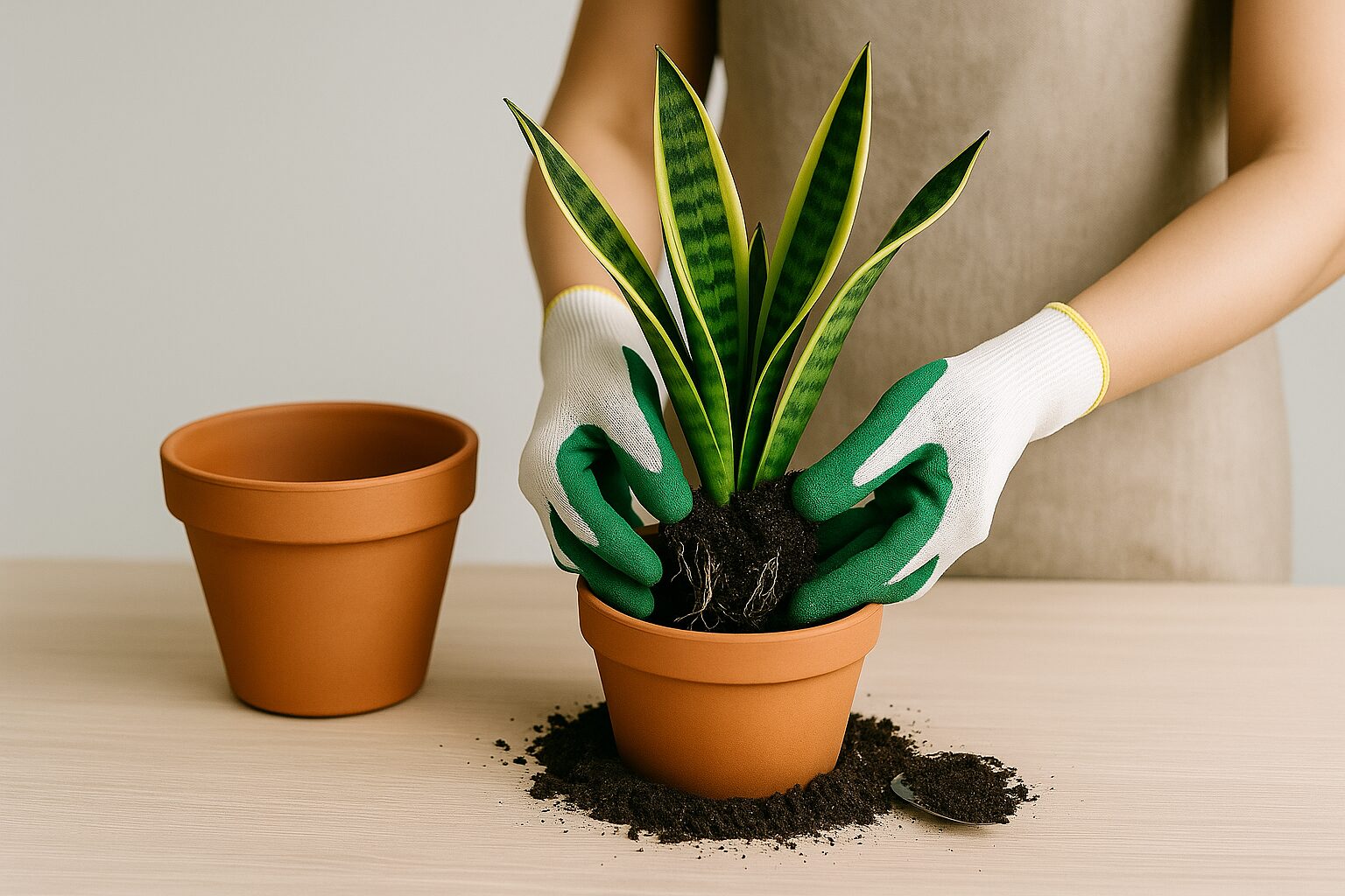 新しい鉢に観葉植物を植え込む作業の様子