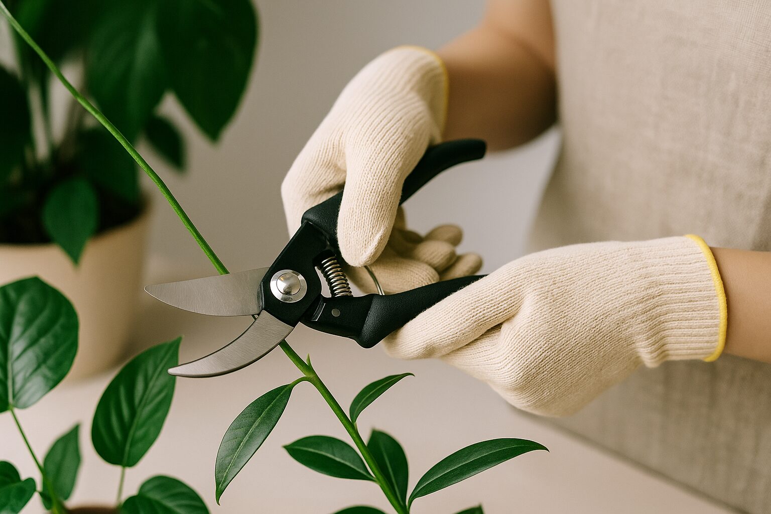観葉植物の枝をカットする剪定ばさみ